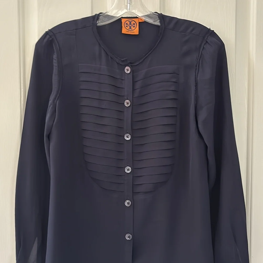 Tory Burch 100% Silk Dark Blue Button Up Blouse Shirt Top